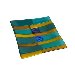Colorful abstract Pattern Fused Art Glass Trinket Dish Tray 6” square